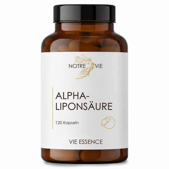 Braune Glasflasche mit Alpha-Liponsäure 150 mg Kapseln, 90 Stück